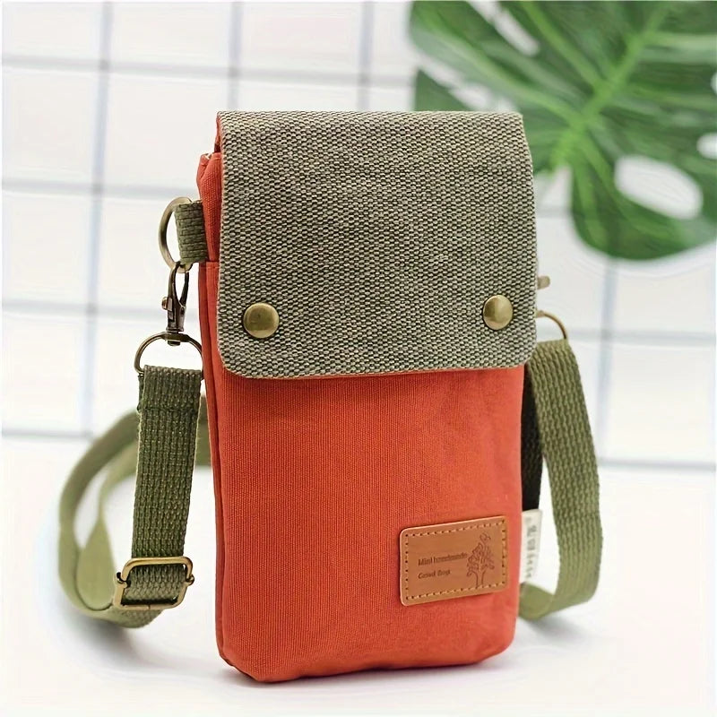 Pochette téléphone en toile à bandoulière amovible, 11 x 17 cm, orange