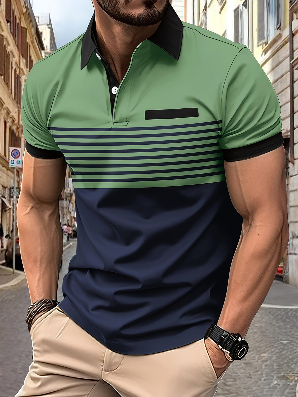 Polo rayé homme à manches courtes, sept coloris, du S au 3XL, vert militaire