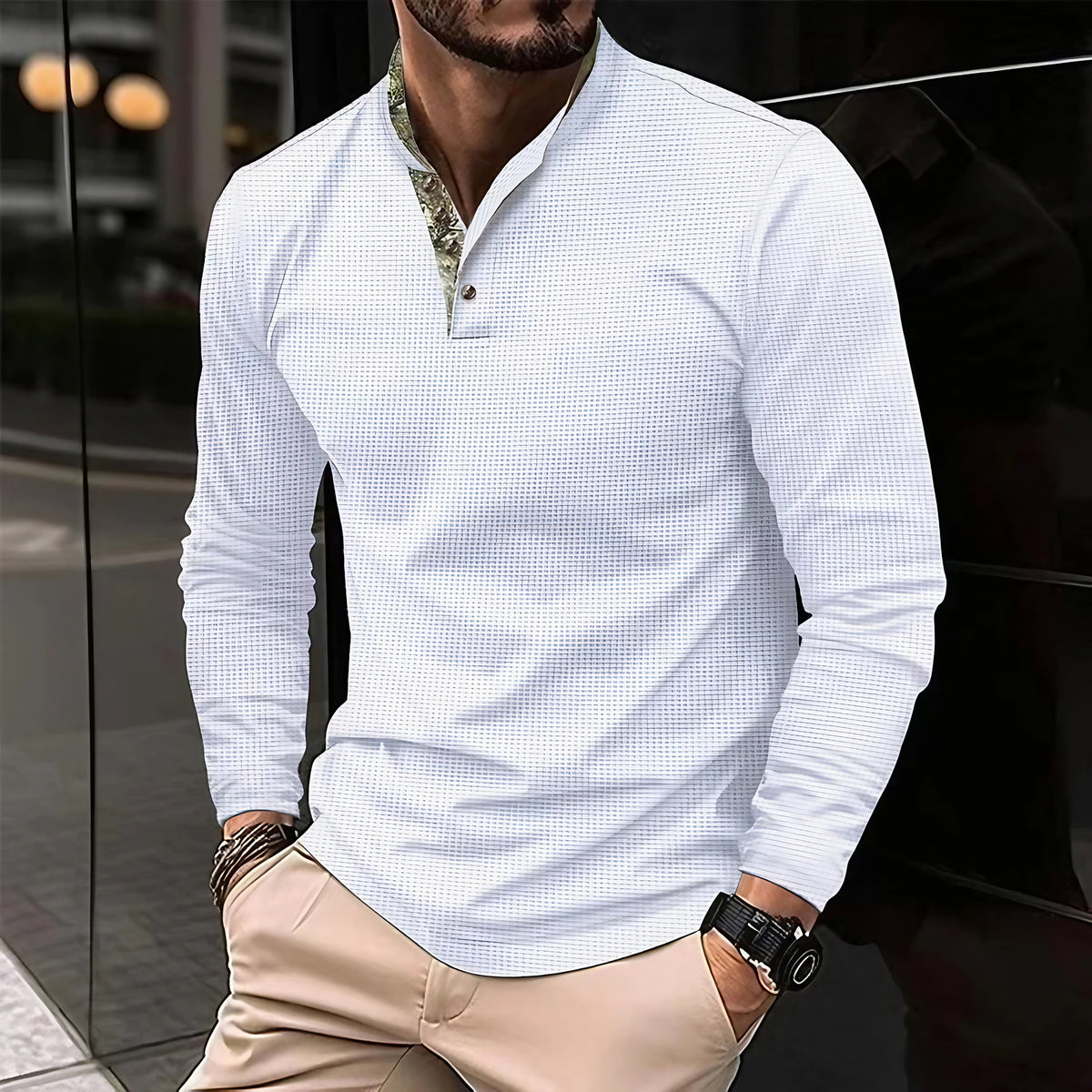 Polo homme à manches longues, col contrasté, six coloris, blanc
