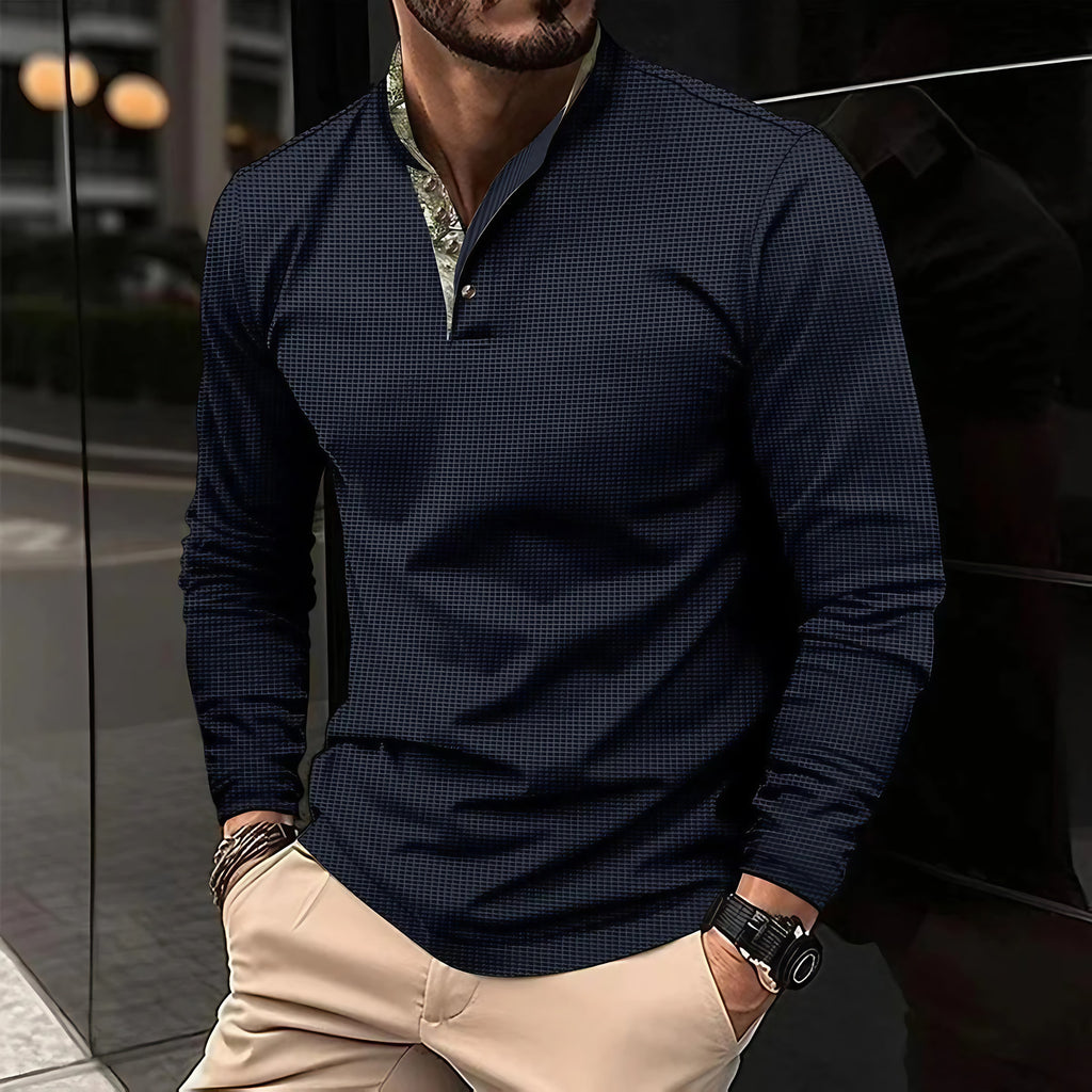 Polo homme à manches longues, col contrasté, six coloris, bleu marine
