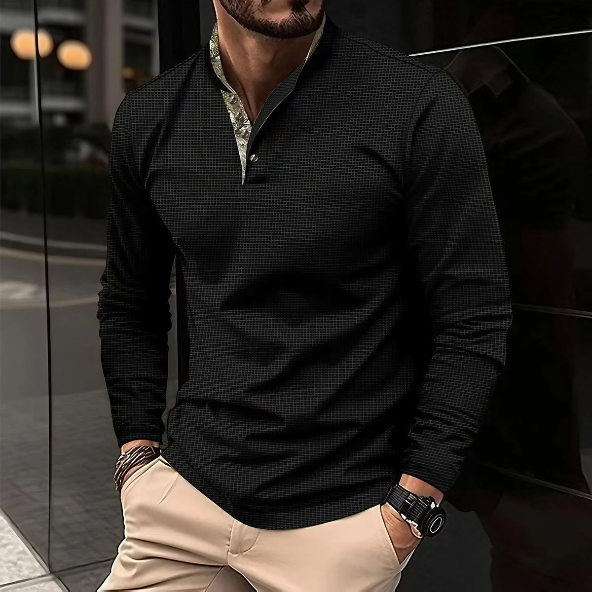 Polo homme à manches longues, col contrasté, six coloris, noir