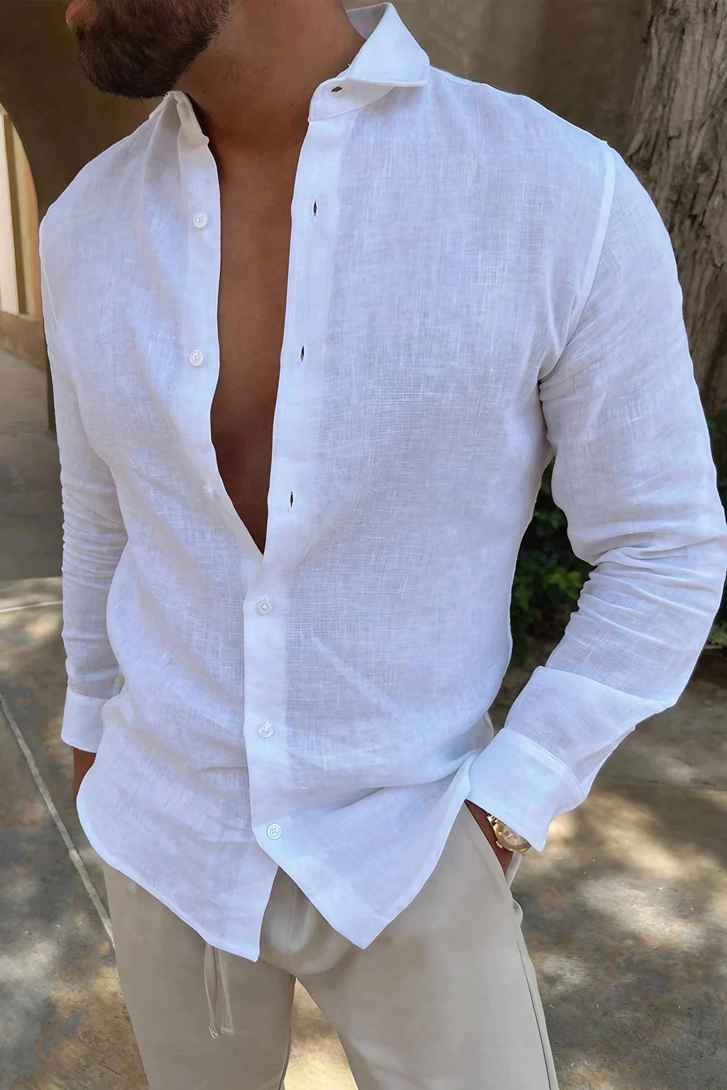 Polo homme à manches longues, coupe décontractée, blanc, blanc