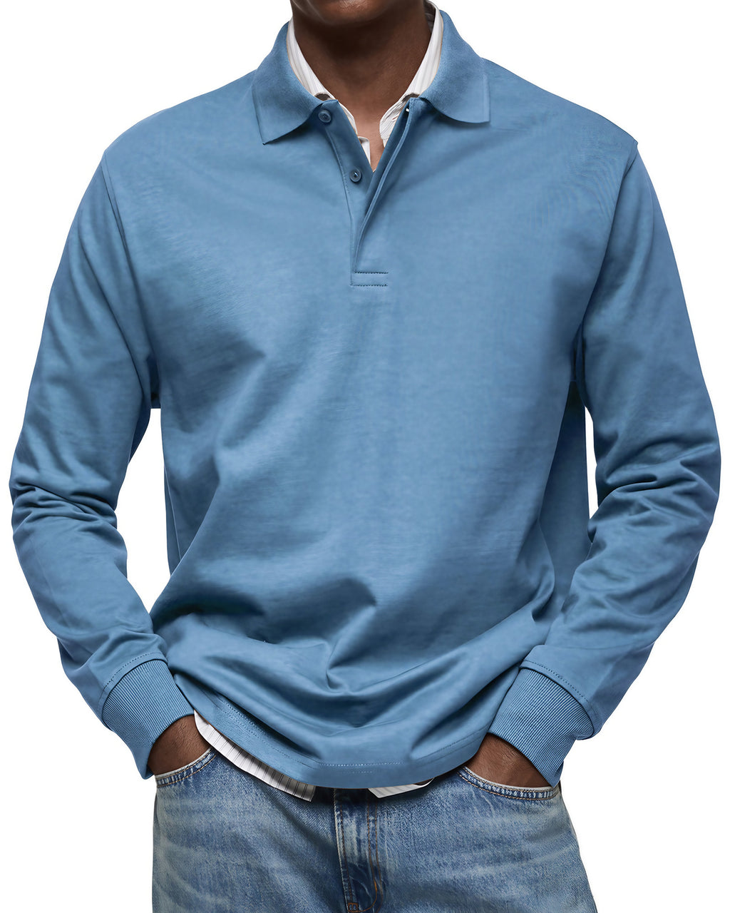 Polo homme à manches longues, poignets côtelés, dix coloris, bleu clair