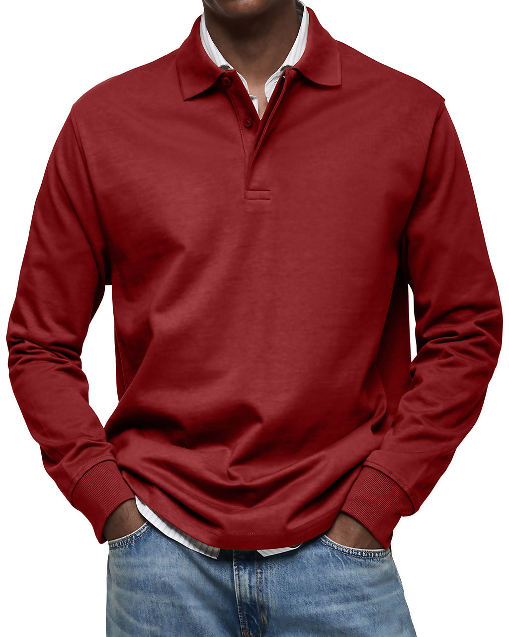 Polo homme à manches longues, poignets côtelés, dix coloris, rouge