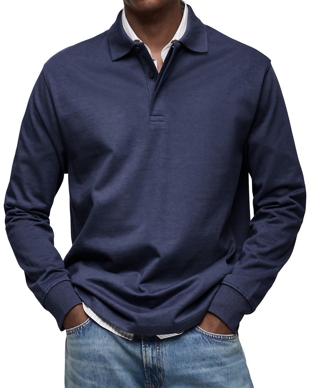 Polo homme à manches longues, poignets côtelés, dix coloris, bleu marine