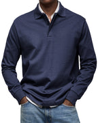 Polo homme à manches longues, poignets côtelés, dix coloris, bleu marine