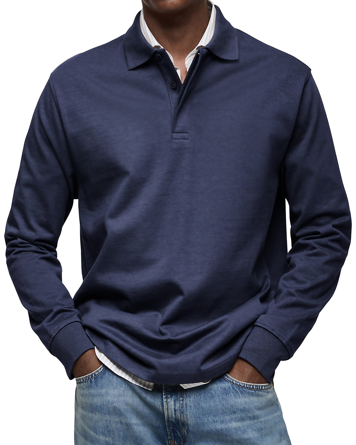 Polo homme à manches longues, poignets côtelés, dix coloris, bleu marine