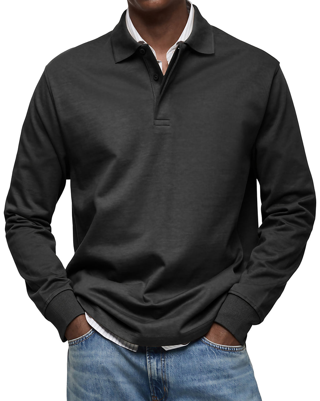 Polo homme à manches longues, poignets côtelés, dix coloris, noir