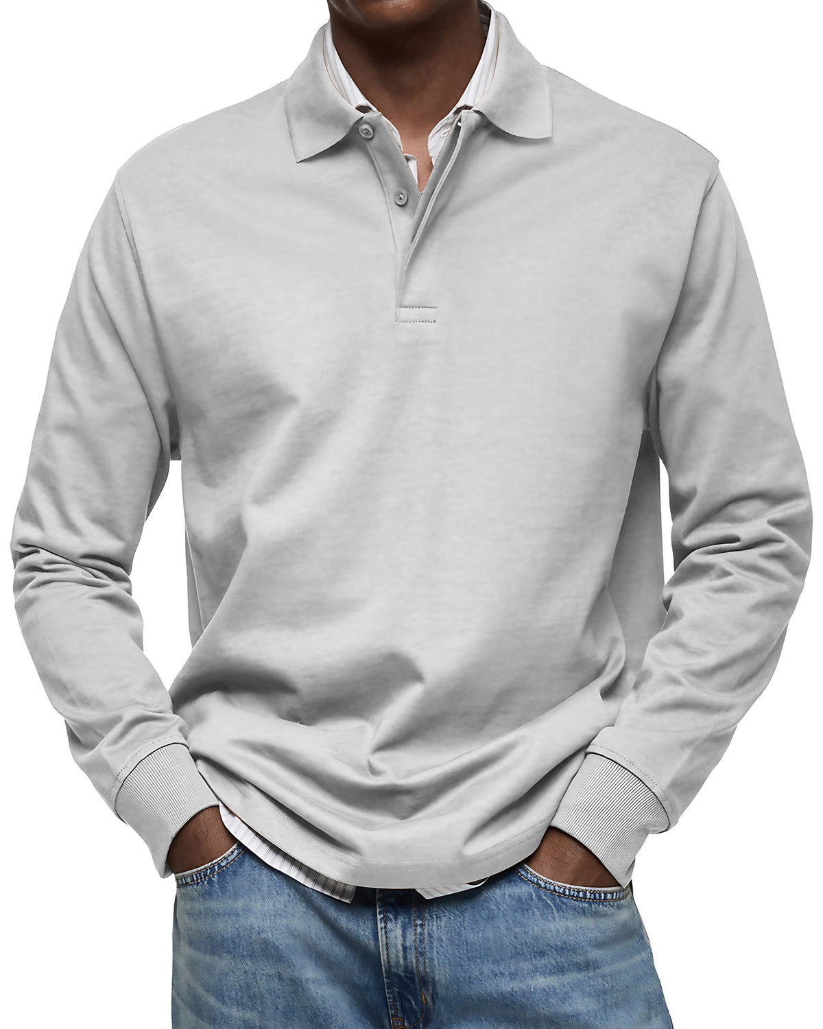 Polo homme à manches longues, poignets côtelés, dix coloris, blanc