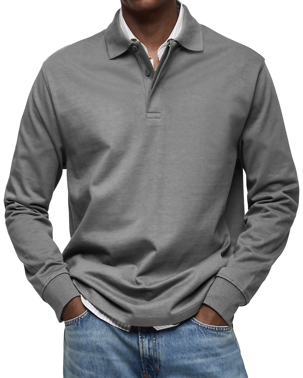 Polo homme à manches longues, poignets côtelés, dix coloris, gris