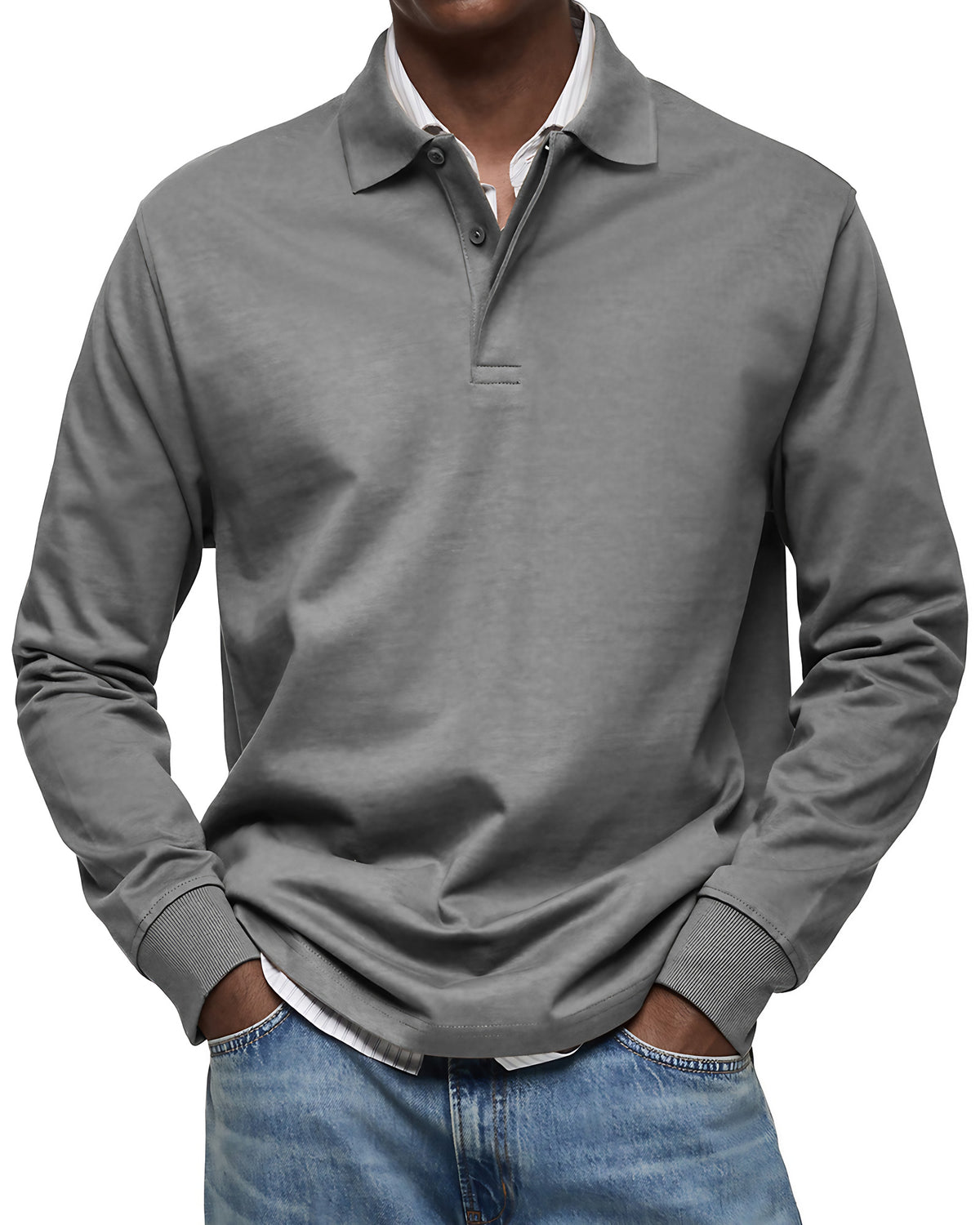 Polo homme à manches longues, poignets côtelés, dix coloris, gris
