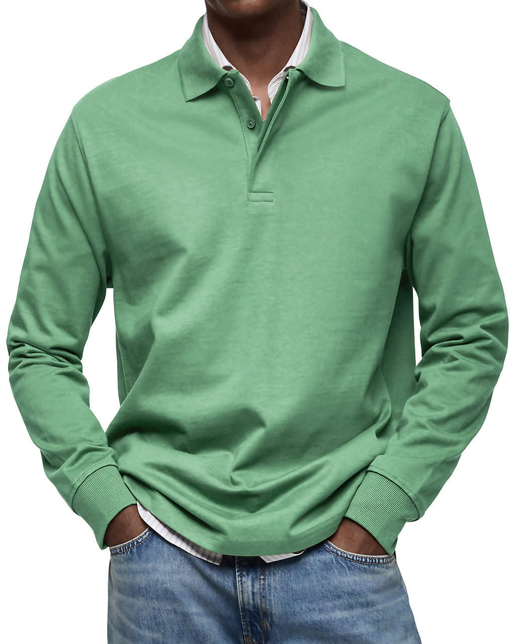 Polo homme à manches longues, poignets côtelés, dix coloris, vert