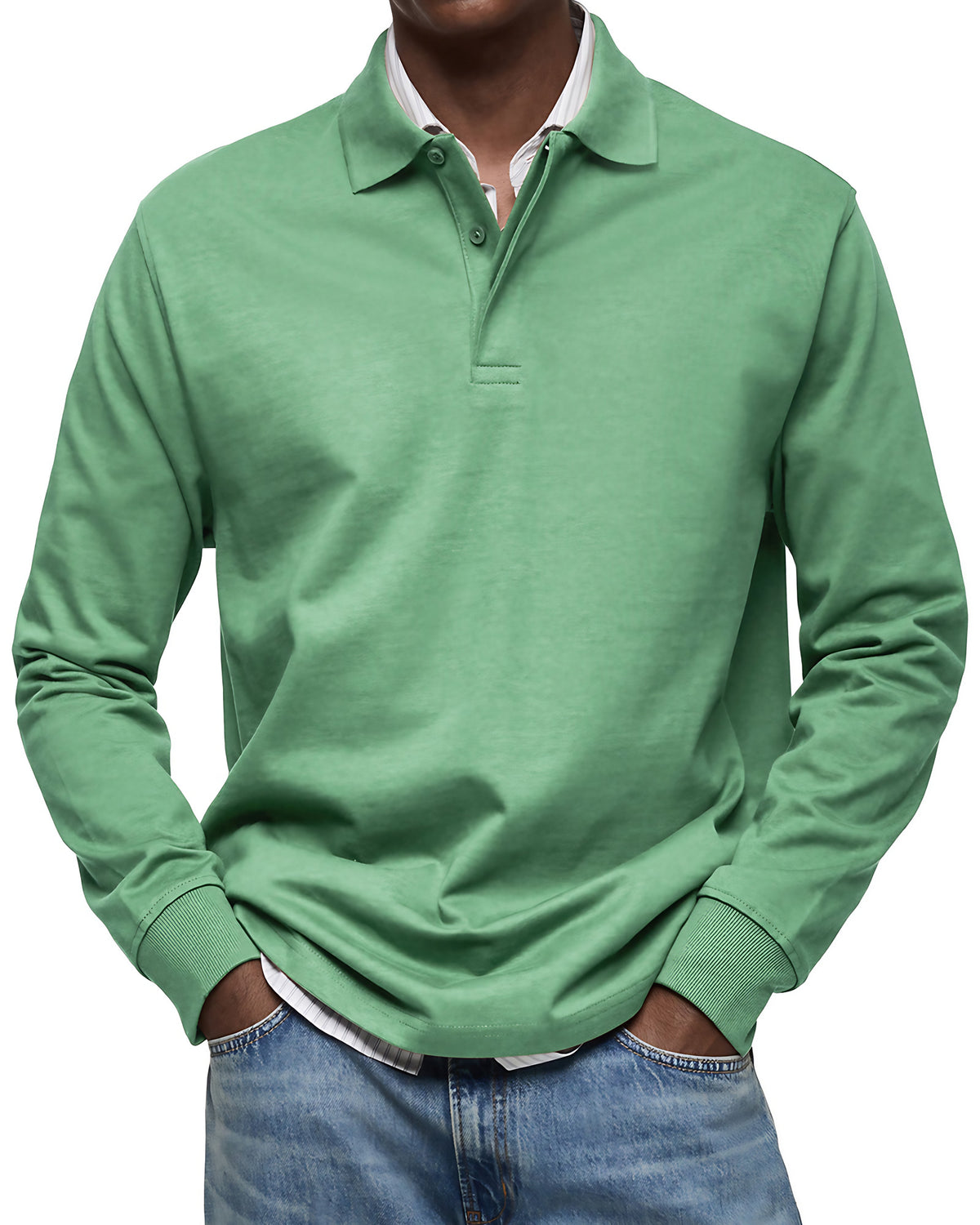 Polo homme à manches longues, poignets côtelés, dix coloris, vert