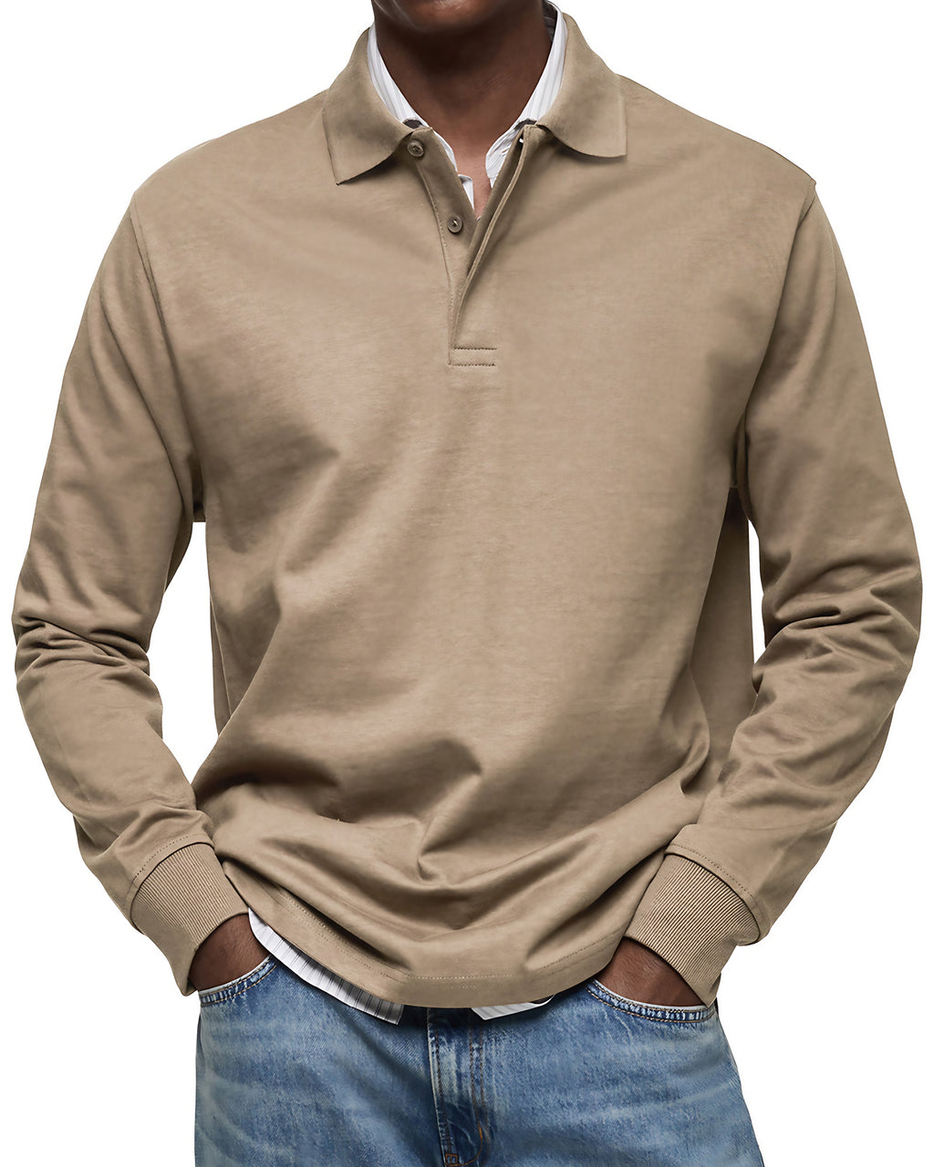Polo homme à manches longues, poignets côtelés, dix coloris, kaki