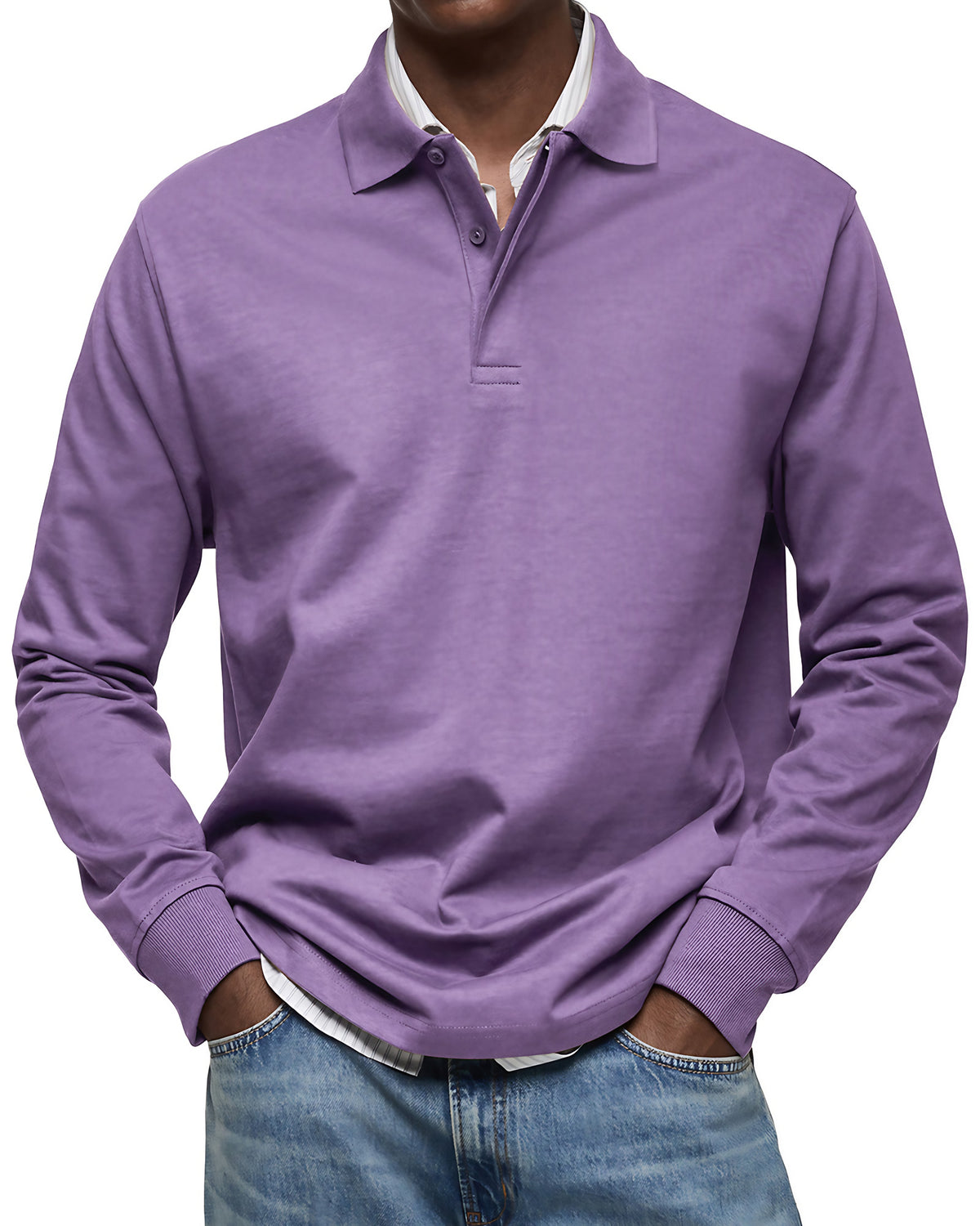 Polo homme à manches longues, poignets côtelés, dix coloris, violet
