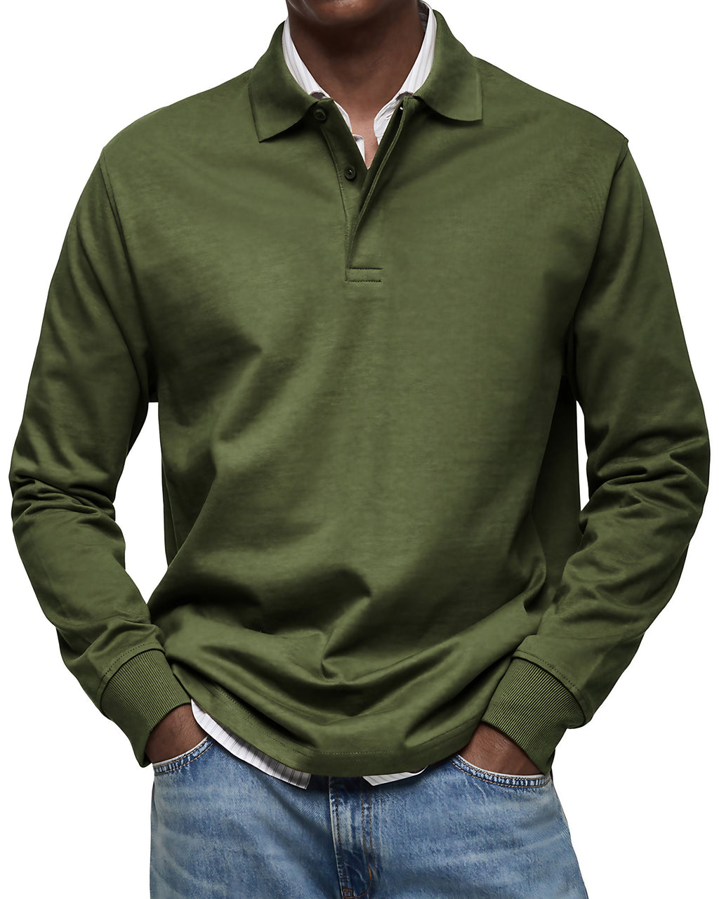 Polo homme à manches longues, poignets côtelés, dix coloris, vert militaire