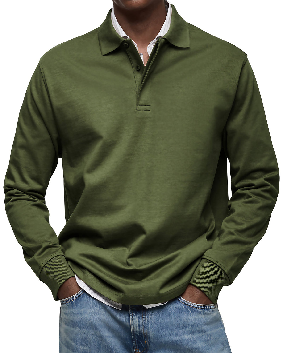 Polo homme à manches longues, poignets côtelés, dix coloris, vert militaire