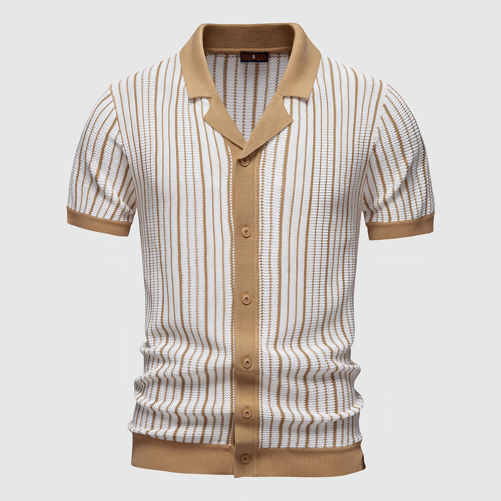 Polo homme en maille striée à col boutonné, beige ou vert, beige