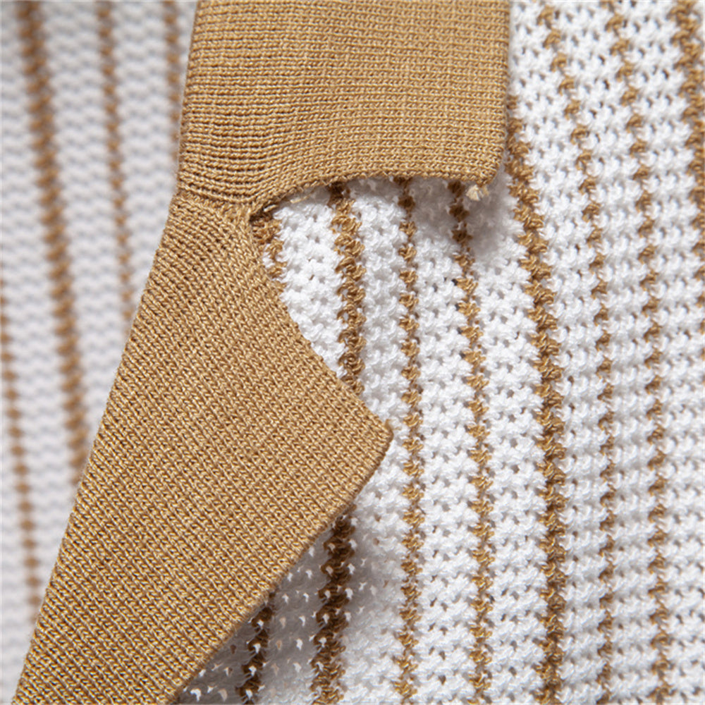 Polo homme en maille striée à col boutonné, beige ou vert