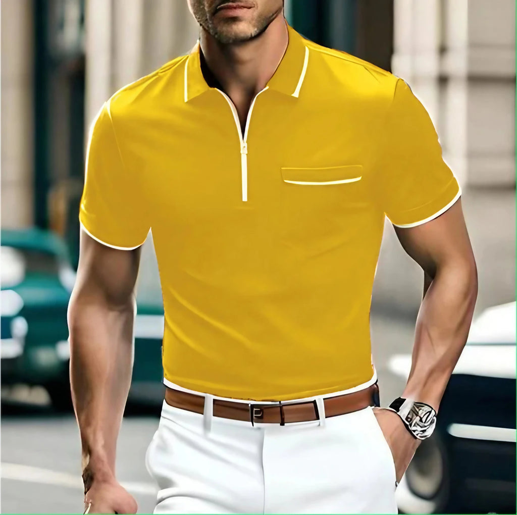Polo zippé homme à col fermeture éclair, coupe ajustée, jaune