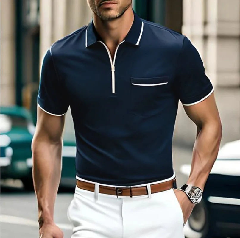 Polo zippé homme à col fermeture éclair, coupe ajustée, bleu marine