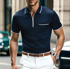 Polo zippé homme à col fermeture éclair, coupe ajustée, bleu marine