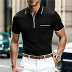 Polo zippé homme à col fermeture éclair, coupe ajustée, noir