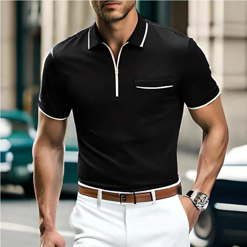 Polo zippé homme à col fermeture éclair, coupe ajustée, noir
