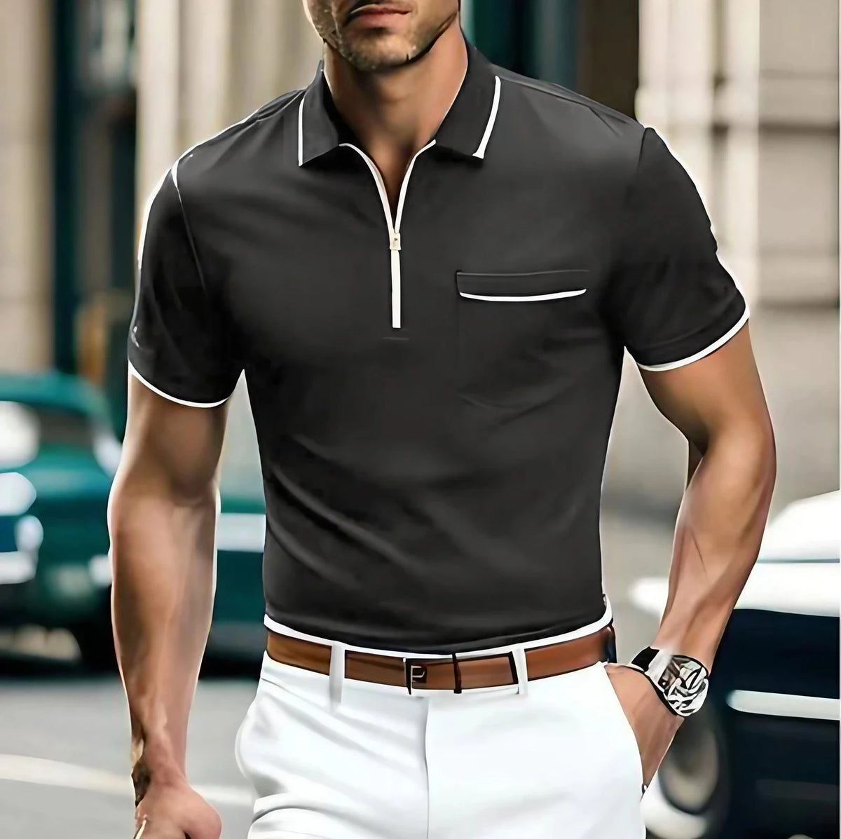 Polo zippé homme à col fermeture éclair, coupe ajustée, gris foncé