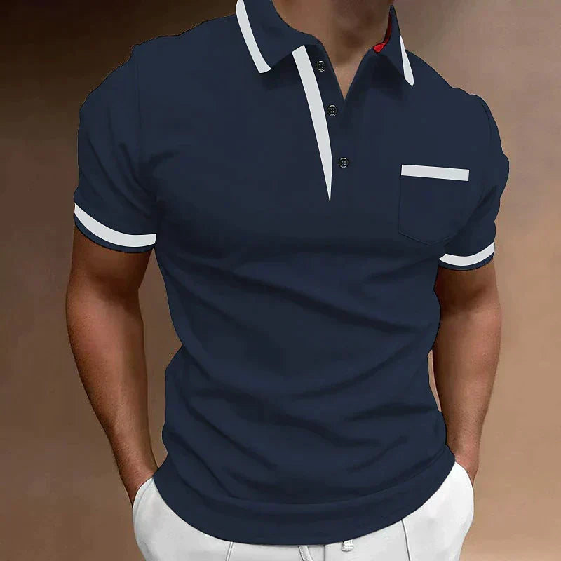 Polo homme classique à manches courtes, patte à deux boutons, bleu foncé