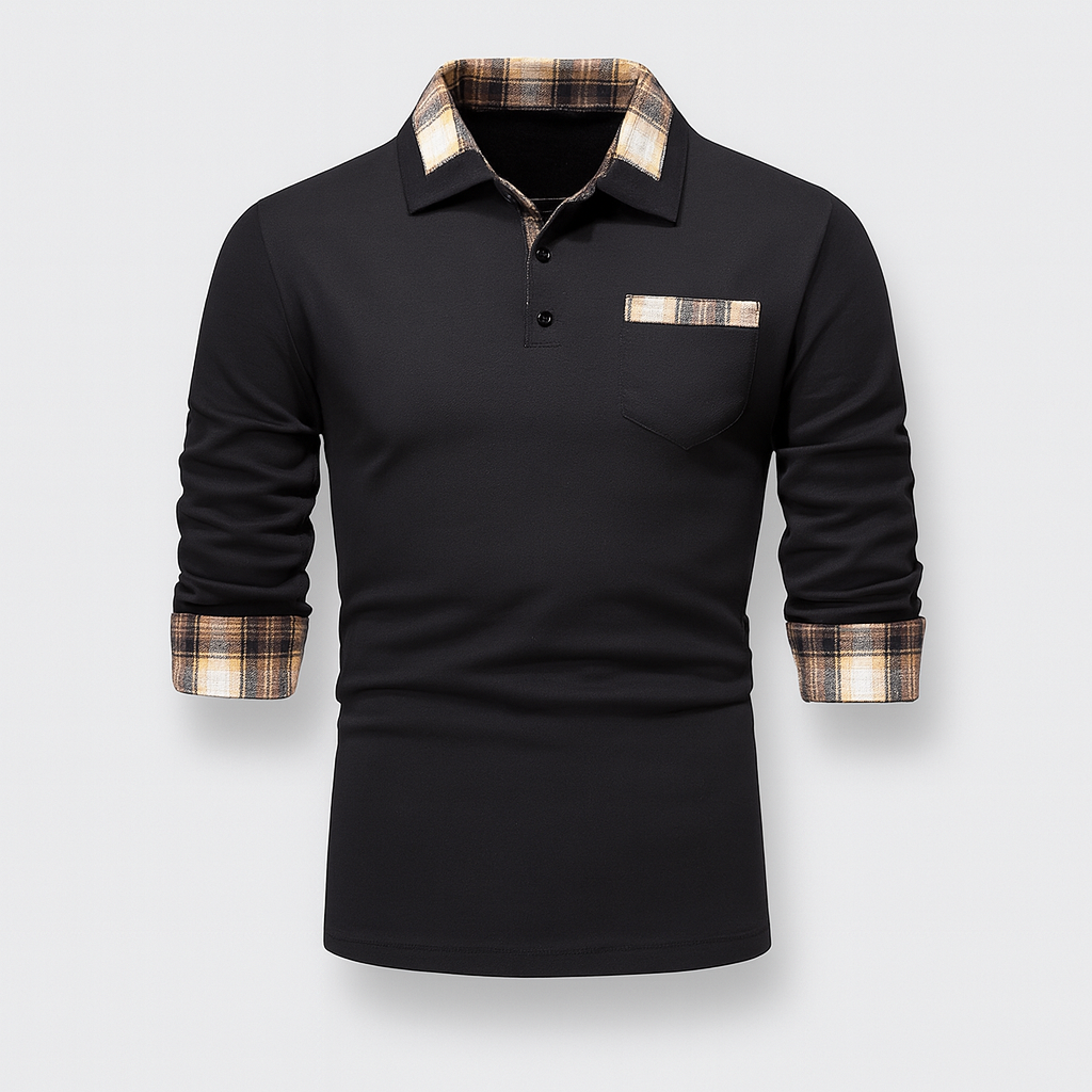 Polo homme à manches longues, col à motif patchwork, noir
