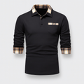 Polo homme à manches longues, col à motif patchwork, noir