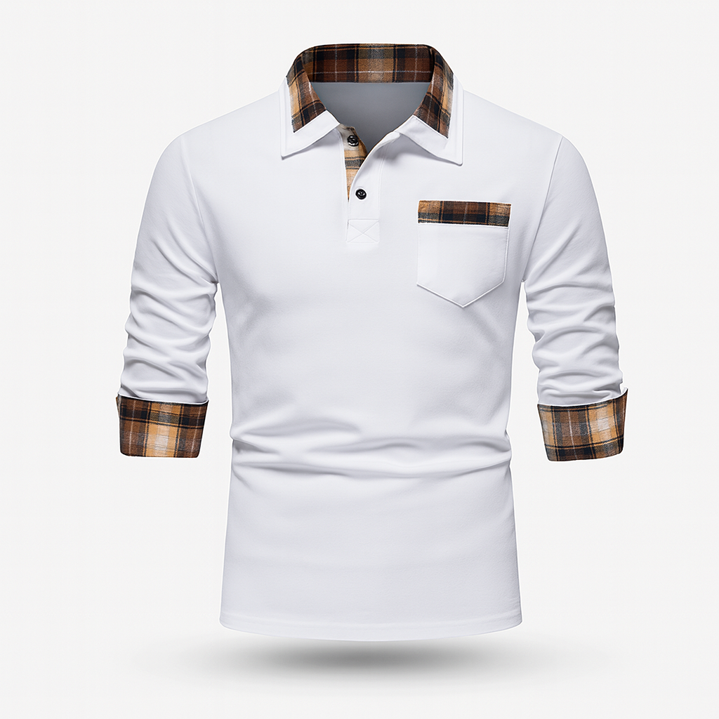 Polo homme à manches longues, col à motif patchwork, blanc