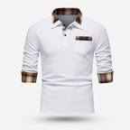 Polo homme à manches longues, col à motif patchwork, blanc