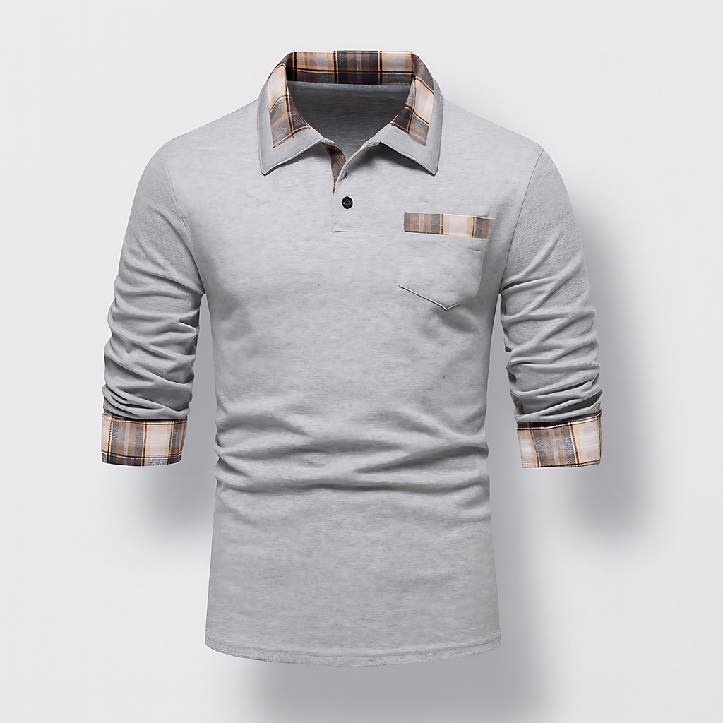Polo homme à manches longues, col à motif patchwork, gris clair
