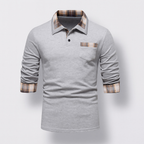 Polo homme à manches longues, col à motif patchwork, gris clair