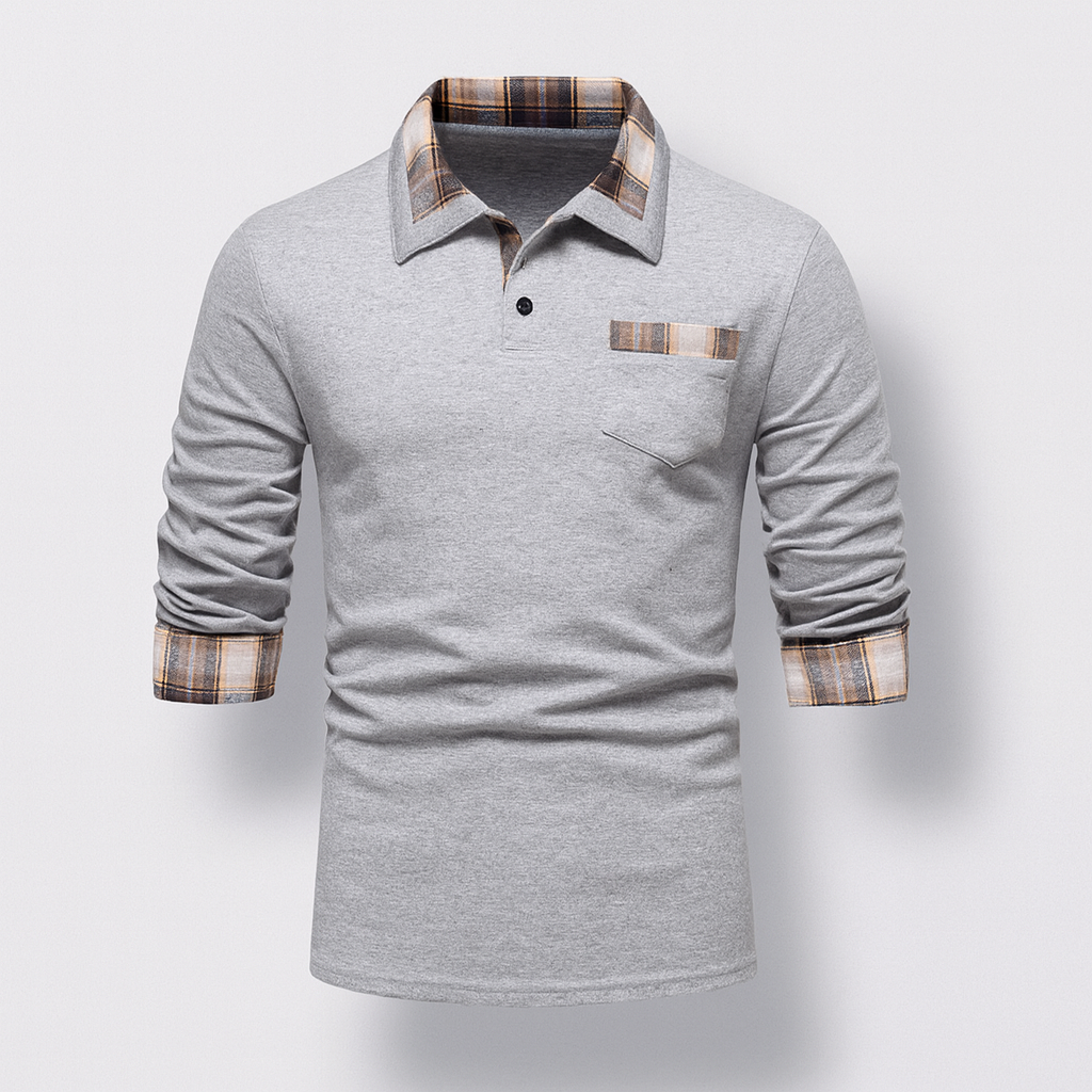 Polo homme à manches longues, col à motif patchwork, gris clair