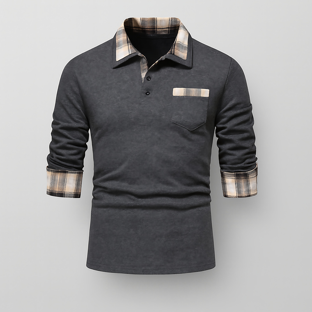 Polo homme à manches longues, col à motif patchwork, gris foncé
