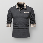 Polo homme à manches longues, col à motif patchwork, gris foncé