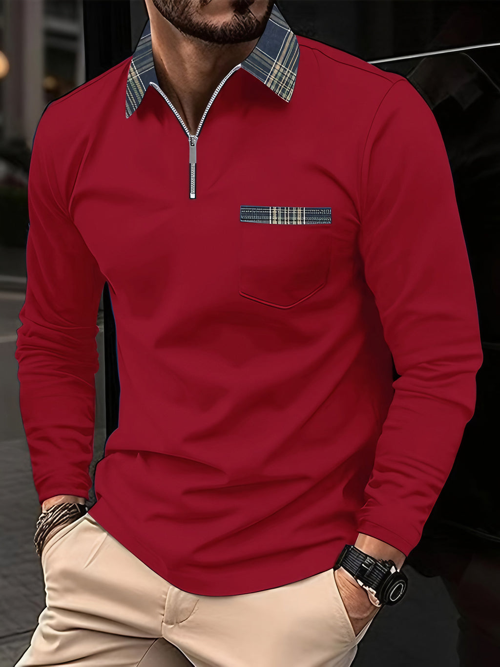 Polo homme manches longues à col zippé, motif à carreaux, rouge