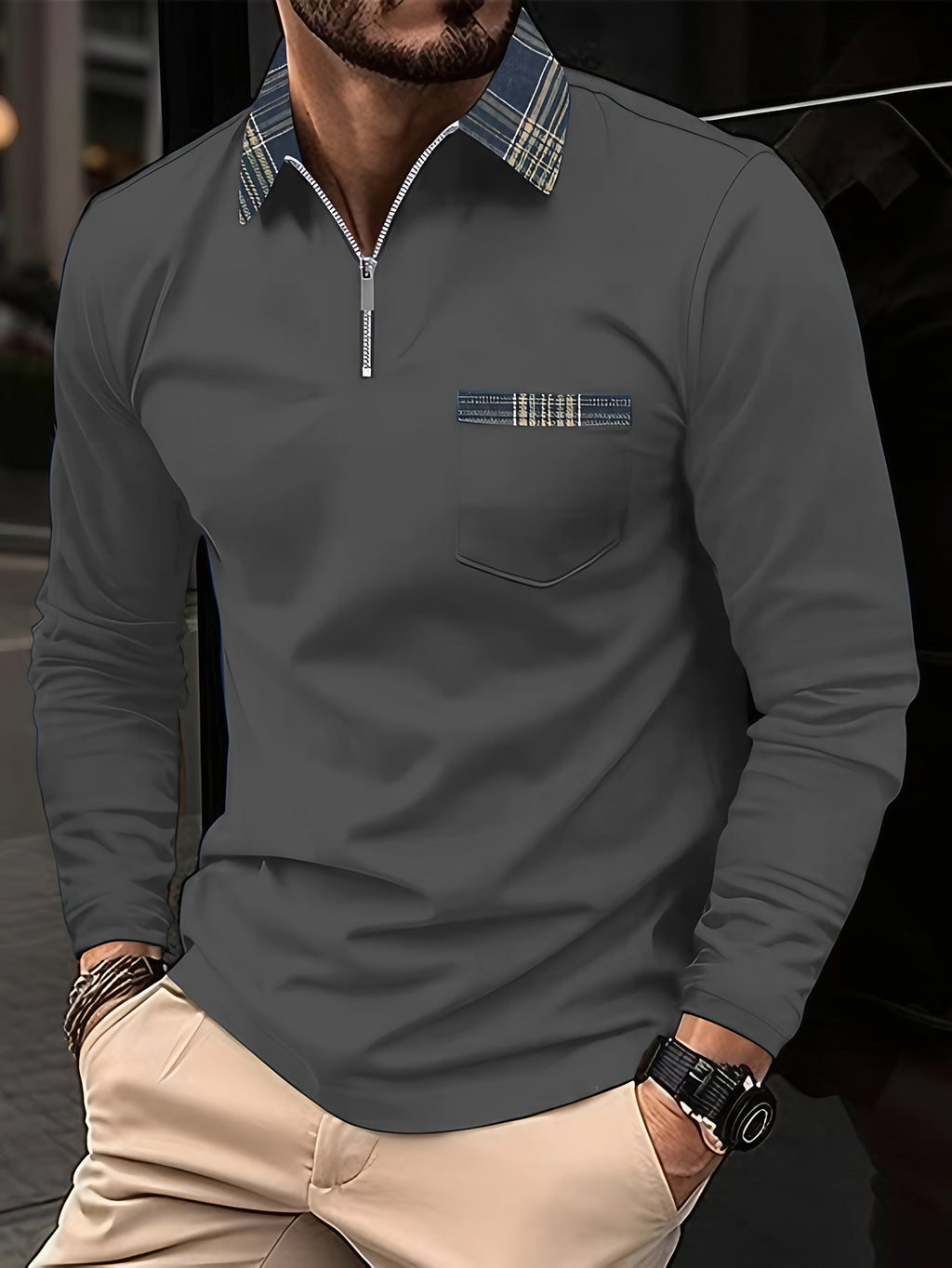 Polo homme manches longues à col zippé, motif à carreaux, gris foncé
