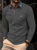 Polo homme manches longues à col zippé, motif à carreaux, gris foncé