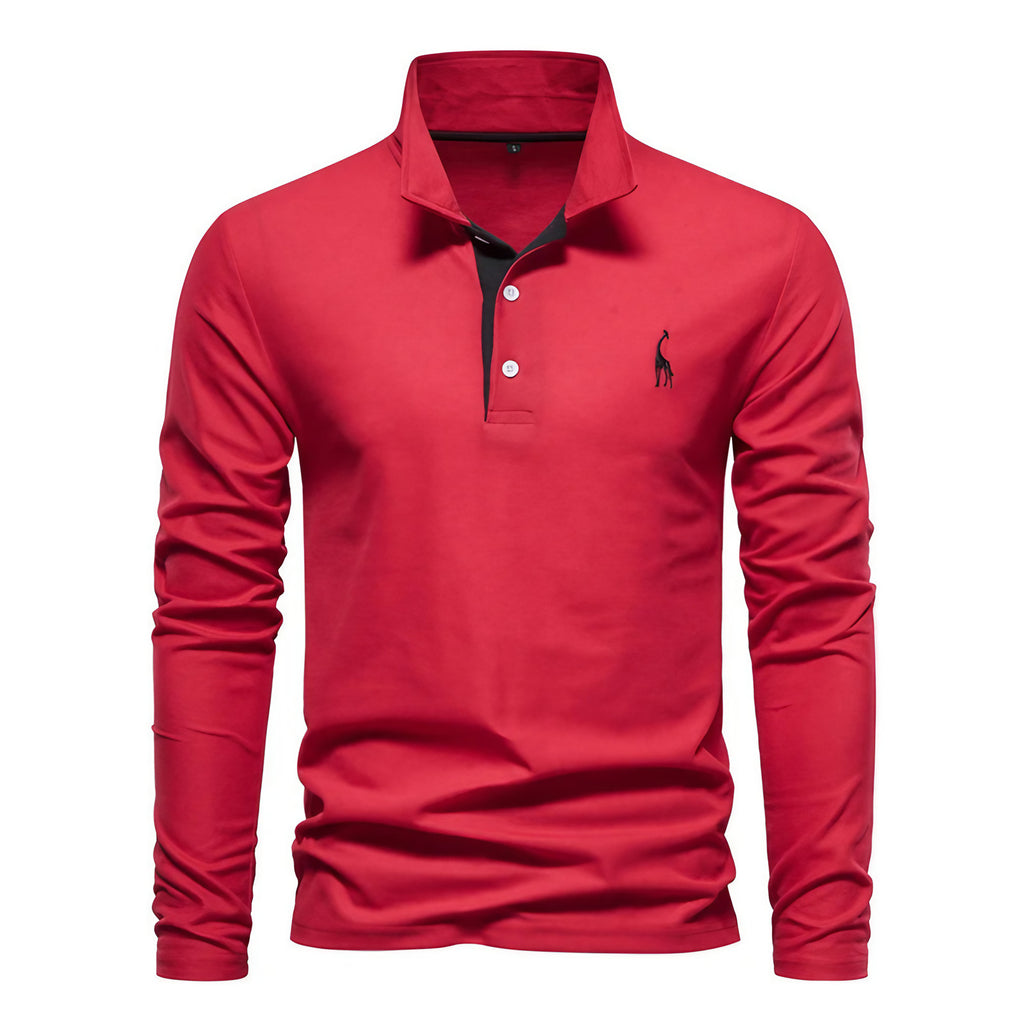 Polo homme à manches longues, broderie cerf, huit coloris, rouge