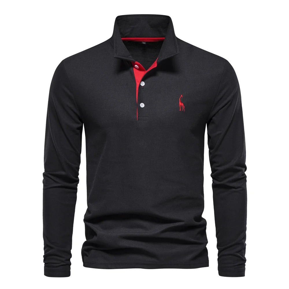 Polo homme à manches longues, broderie cerf, huit coloris, noir et rouge
