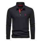 Polo homme à manches longues, broderie cerf, huit coloris, noir et rouge