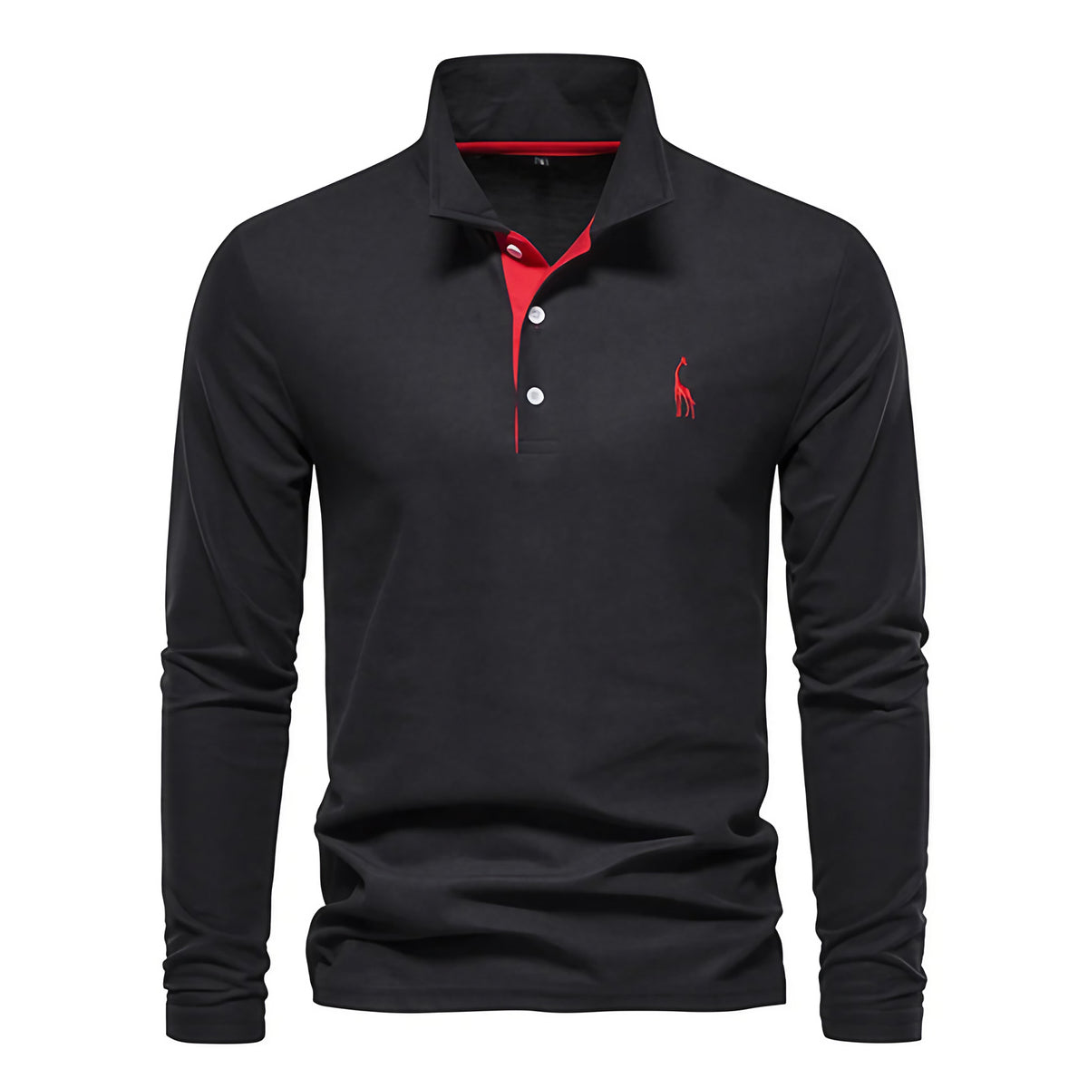 Polo homme à manches longues, broderie cerf, huit coloris, noir et rouge