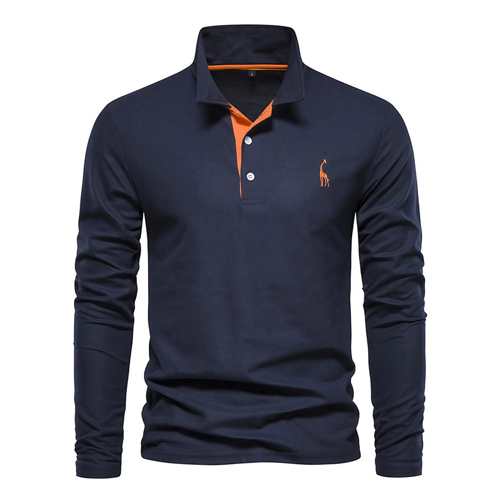 Polo homme à manches longues, broderie cerf, huit coloris, bleu marine et orange