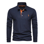 Polo homme à manches longues, broderie cerf, huit coloris, bleu marine et orange