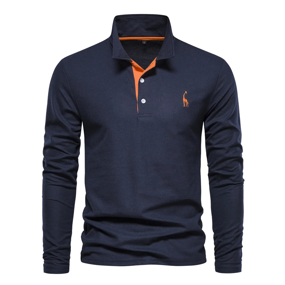 Polo homme à manches longues, broderie cerf, huit coloris, bleu marine et orange