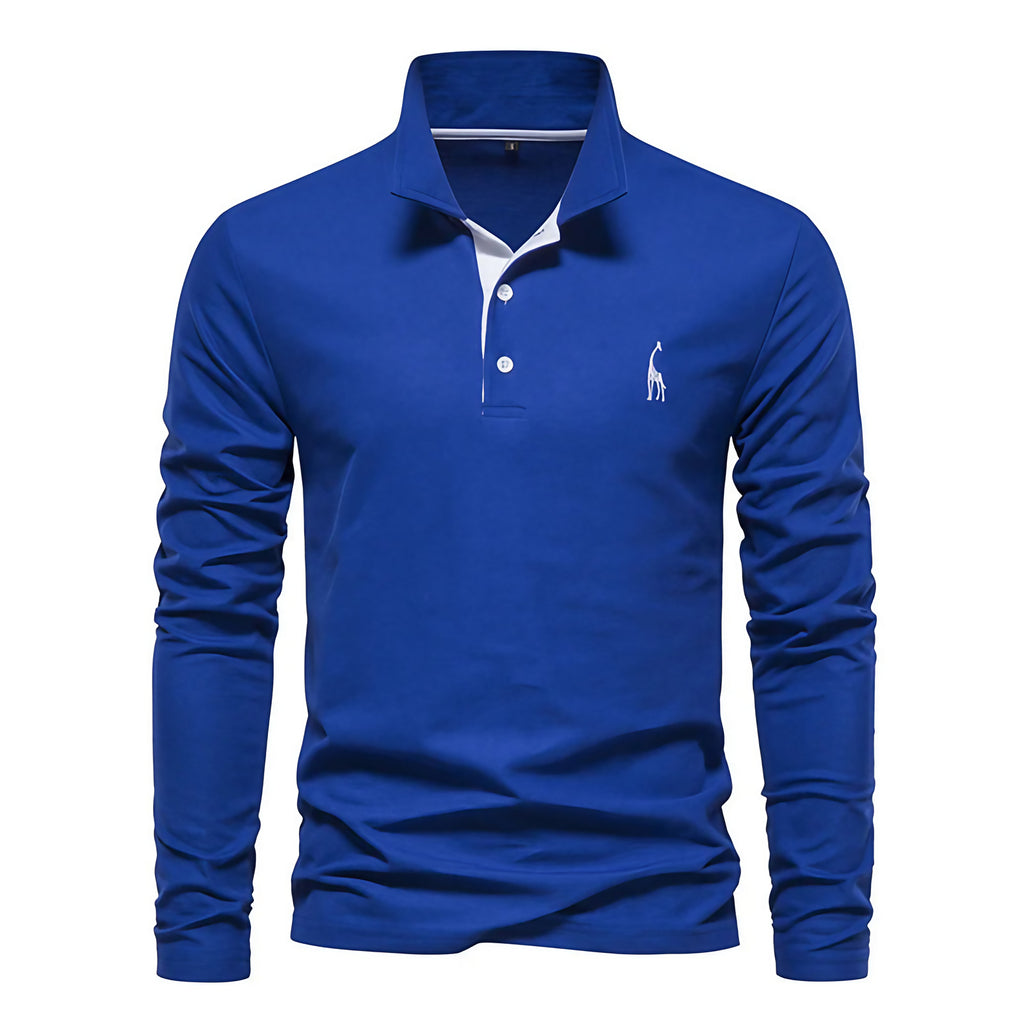 Polo homme à manches longues, broderie cerf, huit coloris, bleu